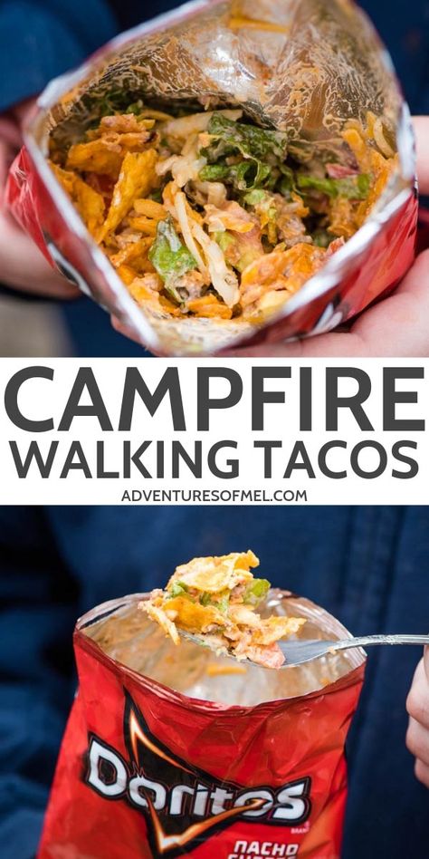 Camping Tacos, Taco Fixings, Walking Tacos Recipe, Taco In A Bag, Easy Campfire Meals, Campfire Dinners, Camping Meal Planning, Walking Taco, Camping Menu