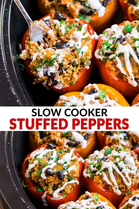 BEST EVER Mexican Crockpot Stuffed Peppers with quinoa, black beans, and ground turkey or chicken. Easy to make low carb with cauliflower rice, Paleo and Whole30 friendly, and so scrumptious! #healthyrecipe #freezermeals #glutenfree #slowcooker #crockpot #wellplated Stuffed Peppers With Quinoa, Cauliflower Rice Paleo, Mexican Crockpot, Mexican Slow Cooker, Crockpot Stuffed Peppers, Slow Cooker Stuffed Peppers, Stuffed Peppers Turkey, Crockpot Turkey, Cooking Easy