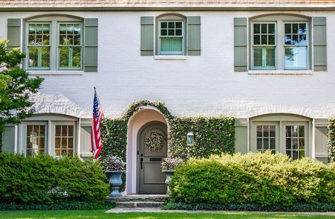 Masonry Paint Colours, French Facade, Halloween Door Decorations Classroom, White Painted Brick, Arched Front Door, Painted Brick Exteriors, Green Shutters, Green Front Doors, White Exterior Houses