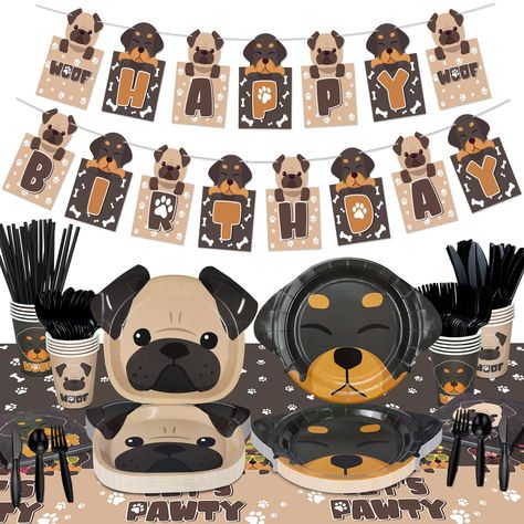 PRICES MAY VARY. DOG THEME PARTY PLATE SET: Our dog party tableware set includes 40 pcs dog shaped plates (2 styles, 10pcs/style), 20 pcs dog pattern cups, 20 pcs dog print napkins, 20 pcs cutlery(knives, forks, spoons, straws), 1 let's pawty tablecloth(51 x 87"/130 x 220cm), 1 pcs Happy Birthday banner. Total 162 pieces of tableware for 40 guests. CUTE DOG SHAPED PLATES DESIGN: Puppy themed party supplies are designed with 2 dog shaped plates, these cute puppy shaped plates will be a big hit at Puppy Birthday Theme, Dog Theme Birthday Party, Dog Themed Birthday, Dog Party Decorations, Plates Design, Dog Themed Birthday Party, Dog Themed Parties, Dog Birthday Party, Puppy Birthday