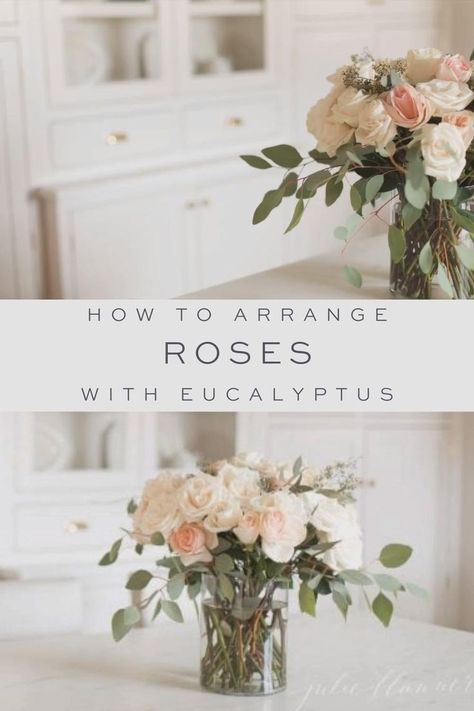 Floral Arrangements With Eucalyptus, Modern Flower Centerpieces, Simple Rose Arrangements Diy, Roses Arrangements Diy, How To Flower Arrangements, How To Make Floral Arrangements, How To Make A Flower Arrangement, Simple Flower Arrangements Centerpiece, Eucalyptus Wedding Centerpieces