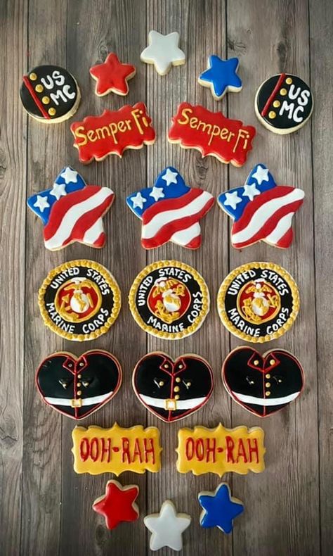 Marine Corps Bar Ideas, Marines Farewell Party Ideas, Marines Decorations Party, Marine Birthday Theme, Marine Corps Cookies, Marine Corp Party Ideas, Marine Retirement Party Ideas, Usmc Party Decorations, Marine Graduation Party