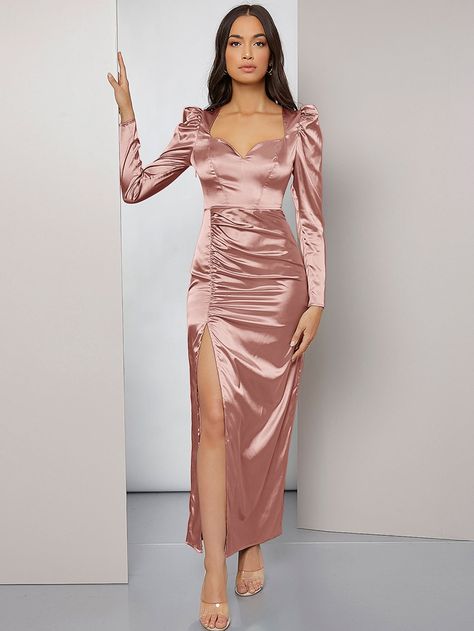 Dusty Pink Glamorous  Long Sleeve Satin Plain Fitted Embellished Non-Stretch All Women Dresses Satin Dress With Sleeves, Satin Dress Outfit, Satin Outfit, Full Sleeves Dress, Gigot Sleeve, Dusty Pink Dresses, Satin Gowns, Pink Satin Dress, Gaun Fashion