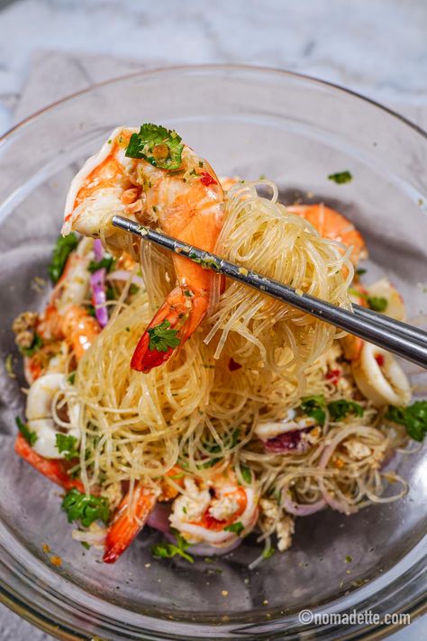 Yum Woon Sen | Thai Glass Noodle Salad - Nomadette Yum Woon Sen Salad, Asian Lunch Ideas, Glass Noodle Recipes, Yum Woon Sen, Thai Glass Noodle Salad, Glass Noodles Recipe, Vietnamese Noodle Salad, Thai Noodle Salad, Glass Noodle Salad