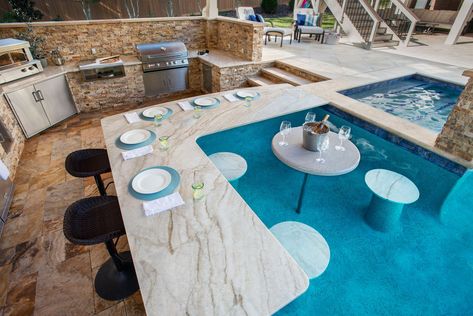 Bar Around Pool, Swimup Bar Swimming Pools, Pools With Swim Up Bars, Pool With Swim Up Bar Backyards, Swim Up Pool Bar Ideas, Home Pool Bar, Raised Swimming Pool, Pool With Hot Tub And Tanning Ledge, Swimming Pool With Bar