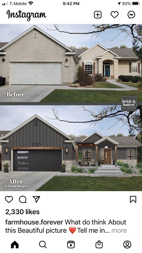 House Siding Ideas Exterior Ranch, Ranch Exterior Color Schemes, Before And After Home Exterior, Black Home Exterior, Remodel House, Siding Ideas, Ranch House Exterior, Brick Siding, House Makeovers