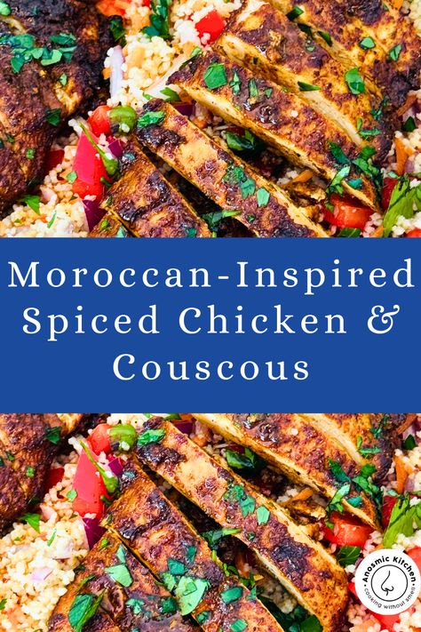 Don't you love a meal that doesn't require much cooking yet still tastes like restaurant quality food? This Moroccan Couscous With Chicken recipe is perfect if you're craving that something extra spicy and delicious for dinner tonight #howtocookcouscous #whatsmoroccancouscous #pearlcouscousvsisraelicouscous #howtomakemoroccanchicken #moroccanflavors #moroccanspices #easysalads #easychickenrecipe #easybakedchicken #couscousrecipes #ovenbakedchicken #pearlcouscous #israelicouscous Morrocan Food Chicken Couscous, Easy Moroccan Recipes, Moroccan Couscous Recipes, Creamy Chipotle Sauce Recipe, Summer Trifle Recipes, Couscous With Chicken, Moroccan Chicken Recipe, Chicken Couscous, Moroccan Couscous