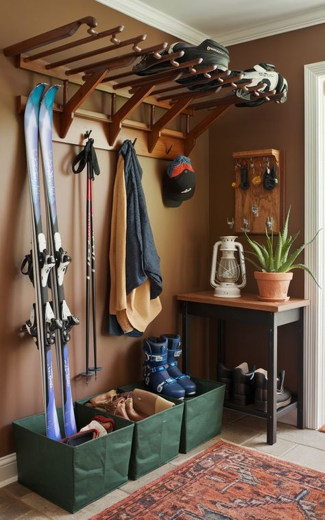 A ski mudroom with practical storage solutions for quick and easy access to ski equipment. Ski Garage Storage, Mudroom Ski Storage, Winter Gear Drying Station, Ski House Mudroom, Ski Mudroom Ideas, Ski Gear Storage, Ski Mudroom, Ski Mud Room, Ski Rack Garage