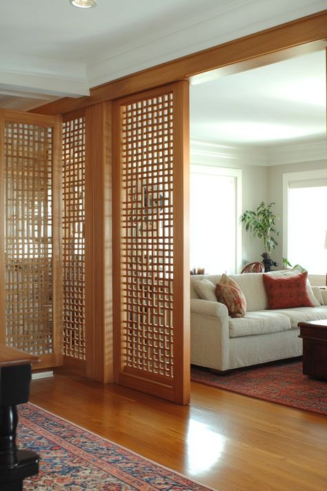 Japandi Divider Design, Dining Room Living Room Divider, Room Petition Ideas, Sliding Panels Room Divider, Ideas For Separating Rooms, Furniture As Room Divider, Open Shelf Room Divider, Room Divider Sliding Doors, Privacy Indoor Room Dividers