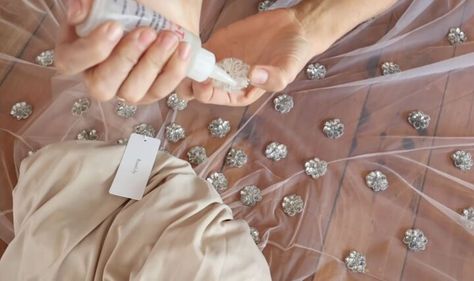 Add Sparkle To Dress Diy, How To Add Sparkle To A Dress Diy, Diy Rhinestone Dress, How To Bedazzle Clothes, Diy Party Outfit, Crystal Projects, Diy Tulle Skirt, Diy Tulle, Diy Glue