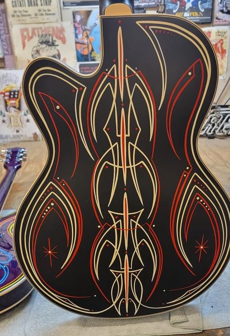 Airbrush Designs, Pinstripe Art, Pinstriping Designs, Lowbrow Art, Airbrush Art, Guitar Art, Pinstriping, Custom Guitars, Painted Signs