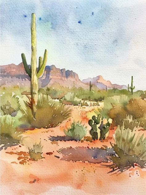 Desert Rose Watercolor, Desert Painting Watercolor, Winter Scenes To Paint, Cactus Watercolor Painting, Desert Watercolor, New Mexico Landscape, Desert Landscape Art, Painting Hobby, Paintings Landscape