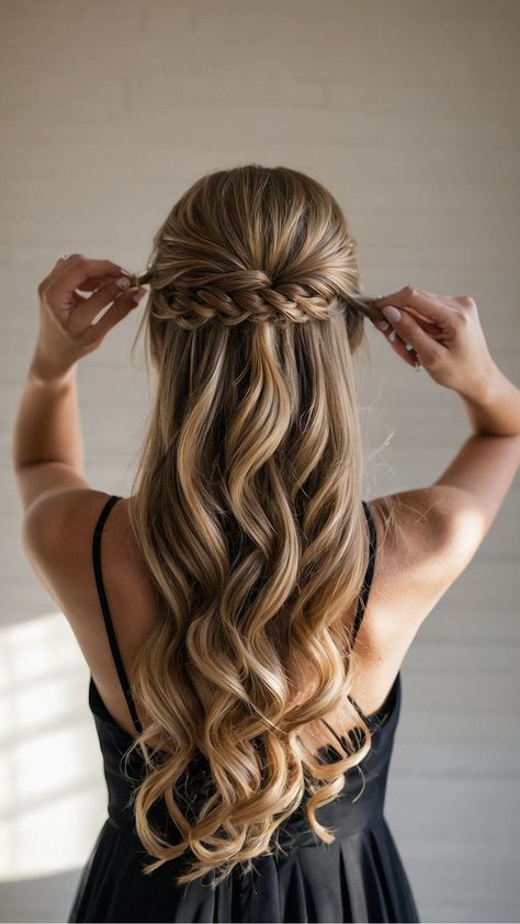 "Dark Blonde and Brown Hair Ideas for Fall Picture Day" Hairstyles For Prom Long Hair Half Up, Aesthetic Half Up Half Down Hairstyles, Wedding Hairstyles Dark Hair, Brown Hair Ideas For Fall, Half Up Half Down Hair With Bow, Hair Ideas For Fall, Prom Curly Hairstyles, 16 Hairstyles, Medium Length Hair Ideas