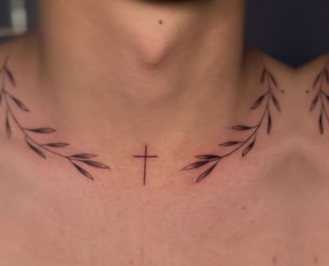 Tattoo In Between Breast, Cross Chest Tattoo, Tony Tattoos, Unique Neck Tattoos, Vines Tattoo, Black Men Tattoos, Thumb Tattoos, Tattoo On Chest, Vine Tattoo