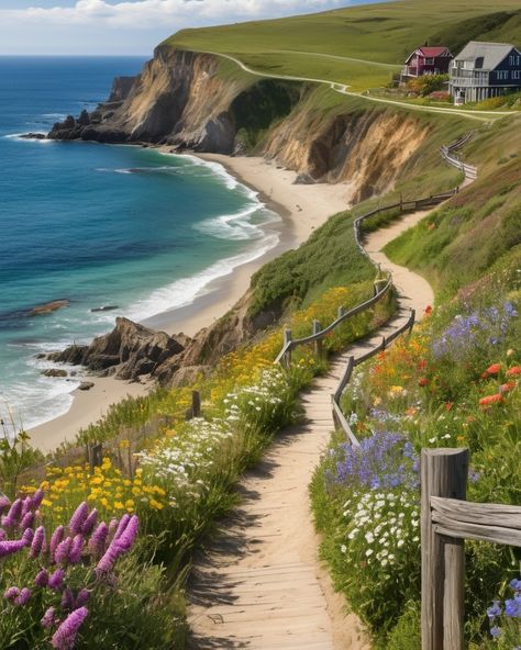 Coastal Serenity: Where Land Meets Sea Create a picturesque coastal scene with a sandy path winding along the edge of a cliff. The path is bordered by a rustic wooden fence, and colorful wildflowers grow on either side. In the distance, cozy houses are perched on a hill overlooking the ocean, with the waves gently crashing against the shore. The sky is filled with fluffy white clouds and soft sunlight illuminates the greenery and water, creating a tranquil, idyllic atmosphere. #CoastalPath #S... Edge Of A Cliff, Colorful Wildflowers, Cozy Houses, Beach Path, Inktober 2024, Lovely Places, Pretty Landscapes, Wooden Fence, A Hill