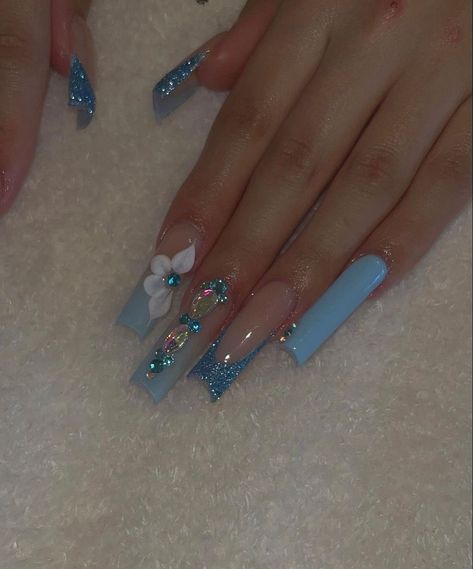 Nails 777, Baby Blue Acrylic Nails, Sweet 16 Nails, Blue Prom Nails, Nails Unique, Quinceanera Nails, Nails Chrome, Baby Blue Nails, Spring Acrylic Nails