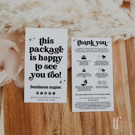 Retro Car Diffuser Care and Thank You Business Card Canva Template | Dani - Trendy Fox Studio Thank You Card For Customer, Small Business Thank You Card Ideas, Instruction Card Design, Product Care Card, Packaging Inserts, Farmers Market Display, Baby Art Projects, Diffuser Oil, Small Business Packaging Ideas