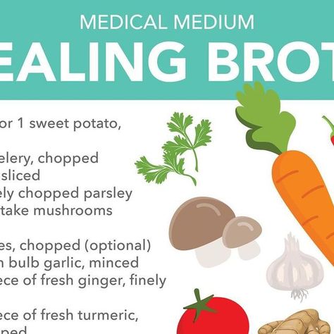 Medical Medium® on Instagram: "HEALING BROTH   Healing Broth is a powerful mineral-rich liquid that carries the essence of vitally nutritious vegetables, herbs, & spices in a way that is easy for the body to digest, assimilate, and utilize. You will find this recipe as comforting as it is nourishing. The ingredients of this simple recipe help to provide tremendous healing benefits to both the body and soul.  Carrots help to lower blood pressure, reduce edema, relax muscles, steady nerves, and balance cognitive function. Onions & garlic have powerful antiviral & antibiotic properties and can help eliminate heavy metals and parasites from the body.  Parsley & shiitake mushrooms contain an excellent bioavailable form of iron which helps to keep your blood strong and prevent anemia and are als Healing Broth, Smoothie Supplements, Nutritious Vegetables, Heart Healthy Recipes Low Sodium, Medium Recipe, Relax Muscles, Fresh Turmeric, Shiitake Mushrooms, Herbs Spices