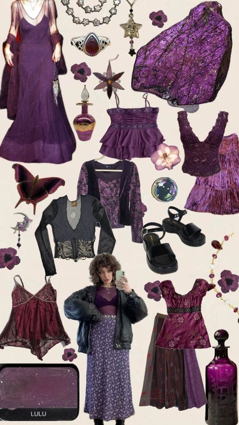 90s Whimsigoth Outfits Fall, Whimsigoth Outfits Purple, Whimsigoth Fashion Winter, Outfit Themes List, Purple Witch Aesthetic Outfit, Y2k Whimsigoth Outfits, Purple Hippie Outfit, Purple Whimsigothic Outfit, Wimsey Goth Style