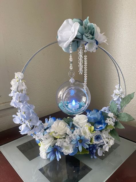 Blue Centerpieces Quinceanera, Light Blue Quinceanera Centerpieces, Light Blue Quince Centerpieces, Cinderella Centerpiece Ideas, Centerpieces Quinceanera, Cinderella Quinceanera Themes, Cinderella Sweet 16, Butterfly Centerpieces, Quinceanera Centerpieces