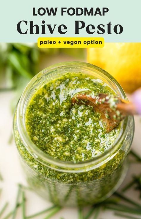 homemade low fodmap pesto in a jar with a wooden spoon Low Fodmap Pesto, Chive Pesto, Garlic Infused Oil, Fodmap Friendly, Infused Oil, Diet Breakfast, Aip Recipes, Low Fodmap Diet, Low Fodmap Recipes