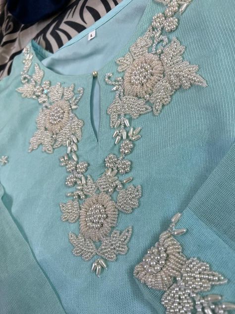 Moti Handwork Design, Handwork Dress Design, Moti Work Embroidery Kurti, Adda Work Embroidery, Hand Embroidery Designs For Suits, Zardozi Embroidery Designs, Hand Work Embroidery Suits, Drawing Embroidery, Tshirt Embroidery