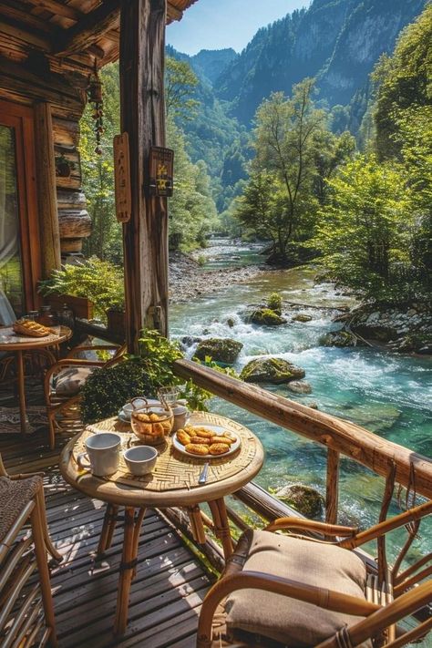 Cozy Lake House Lakeside Cottage, Cabin Breakfast Ideas, Summer Ambience, Cabin Breakfast, Unique Cabin, Morning Meals, Forest Backdrop, Cozy Breakfast, Forest Cottage