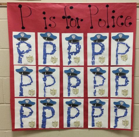 P is for Police... Paper strips glued onto the letter p with a police hat and badge. P Is For Police Preschool, Preschool Police Theme, Police Activity For Preschool, Police Officer Activities For Preschool, Police Theme Preschool, Police Preschool Crafts, Police Officer Preschool Activities, Police Crafts For Preschool, Police Officer Crafts Preschool