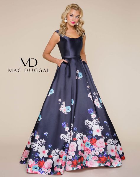 Scoop neck, sleeveless, shiny satin, floor length, fit and flare ball gown in a Navy floral print, satin belted waist line and pockets that fall just below the waist. Gown For Prom, Simple Gowns, Fashion Glamour, Mac Duggal Dresses, Scooped Neckline, Pageant Gowns, A Line Prom Dresses, فستان سهرة, Mac Duggal