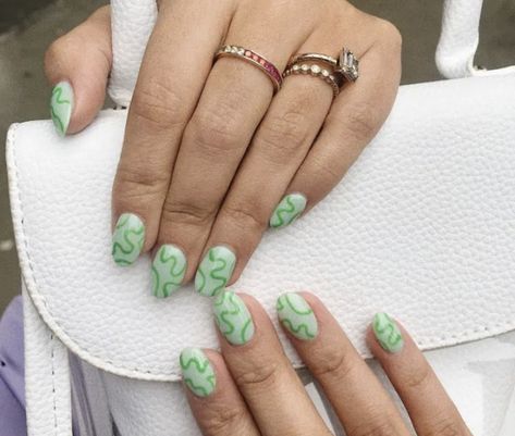 light/pastel green nails with darker green squiggles on top Nails With Squiggles, Pastel Green Nails, Light Pastel Green, Cute Summer Nail Designs, Green Acrylic Nails, Green Nail Art, Green Nail, Cute Summer Nails, White Nail Polish