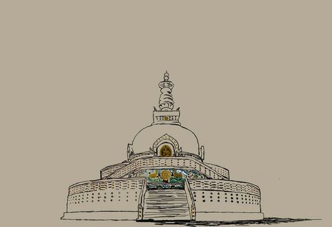 Santi stupa at Ladakh, io one of the most glamorous place in Ladakh Poster Drawing, Architectural Elements, Ink Drawing, Travel Art, Doodle Art, Easy Drawings, Monument, Cards Handmade, Foundation