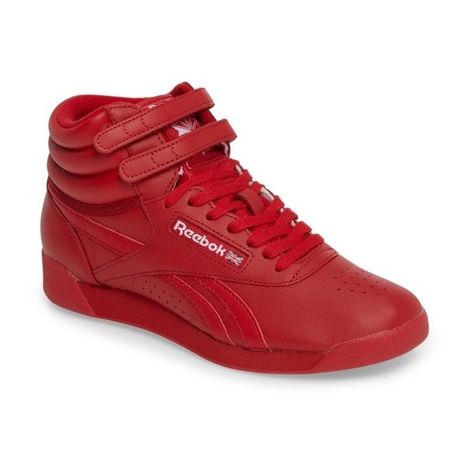 Women's Reebok Freestyle Hi Sneaker (2.005 UYU) ❤ liked on Polyvore featuring shoes, sneakers, red, reebok sneakers, red hi tops, leather sneakers, leather shoes and red shoes Reebok High Tops, Reebok Freestyle Hi, Reebok Freestyle, Red High Tops, Red Trainers, Chic Leather, Casual Sneakers Women, Leather High Tops, Reebok Women