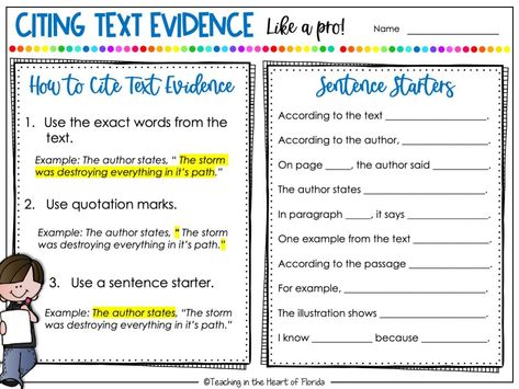 Teach Students How To Cite Text Evidence with Sentence Starters - Teaching in the Heart of Florida % Text Evidence Sentence Starters, Text Evidence Activities, Claim Evidence Reasoning, Citing Text Evidence, Citing Evidence, Textual Evidence, Text Evidence, Sentence Starters, 6th Grade Ela