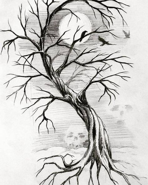 Poison Tree Drawing, Raven Tatoos, Scary Tree Drawing, Creepy Tree Drawing, Raven Drawing, Trees Drawing Tutorial, Rabe Tattoo, Tree Drawings, Tree Drawings Pencil