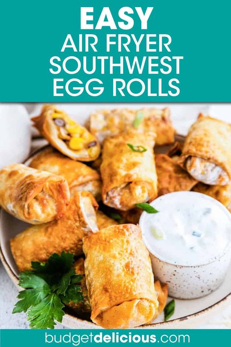 A PILE OF SOUTHWESTERN EGROLLS ON A PLATE WITH A SIDE OF DIP Southwest Eggrolls Air Fryer, Southwest Eggrolls Recipe Easy, Southwest Eggrolls Recipe, Chicken Recipe Air Fryer, Chicken Egg Rolls Recipe, Airfryer Snacks, Southwest Eggrolls, Wrapper Recipes, Air Fryer Egg Rolls