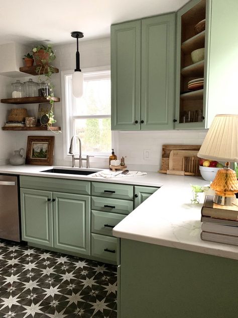 Charming and Cheerful Kitchen Renovation White Countertops Kitchen Green Cabinets, Galley Kitchen Ideas Green, Green White Kitchen Ideas, Pretty Kitchen Colors, Small Kitchen Remodel Green, Retro Kitchen Renovation, Simple Green Kitchen, Small Kitchen Ideas Green Cabinets, Sage Green Kitchen Cabinets Tile Floor