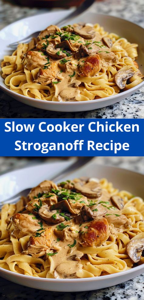 Creamy Slow Cooker Chicken Stroganoff: tender chicken in a flavorful sauce. Perfect weeknight meal. Stroganoff Slow Cooker, Crock Pot Stroganoff, Slow Cooker Chicken Pasta, Slow Cooker Chicken Stroganoff, Chicken Stroganoff Recipe, Crockpot Roast Recipes, Slow Cooker Freezer Meals, Chicken Stroganoff, Marsala Chicken Recipes