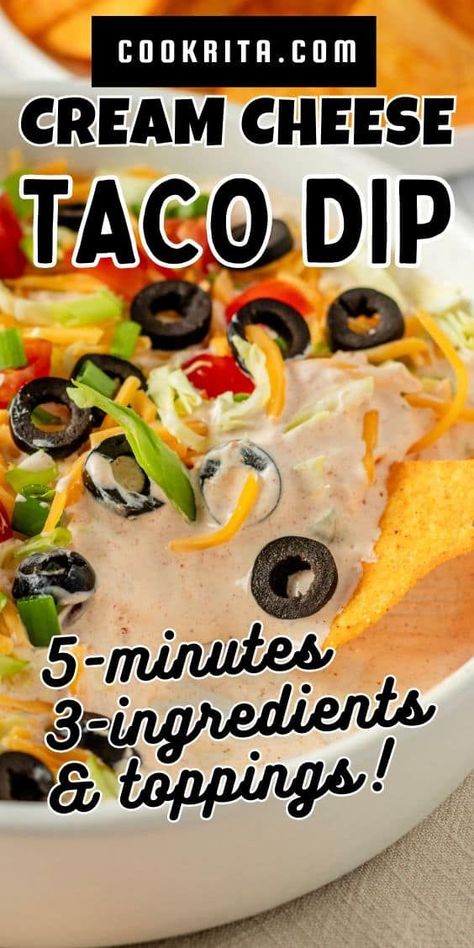 This Taco Dip with cream cheese is a quick, meatless crowd-pleaser! It's ready in just 5 minutes with only 3 main ingredients and your favorite toppings. This kind of dip is perfect for parties, holidays, movie nights, or game-day get-togethers! Taco Dip No Sour Cream, 3 Ingredient Taco Dip, Taco Dip With Guacamole, Taco Dip Recipe With Cream Cheese, Taco Dip For Party, No Bake Taco Dip, Keto Taco Dip With Cream Cheese, Taco Dip For A Crowd, No Meat Taco Dip