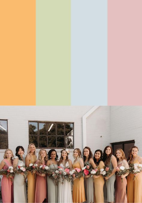 13 Mismatched Bridesmaid Dress Color Palettes | Junebug Weddings Wildflower Bridesmaid Dresses Color Schemes, Bridesmaid Dresses Wildflowers, Pastel Color Palette Wedding, Bridesmaid Dresses Different Colors, Bridesmaid Dresses Color Palette, Bridesmaid Dress Color Schemes, Spring Wedding Bridesmaids, Mismatched Dresses, Pastel Bridesmaids