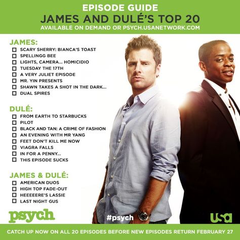 James and Dule top 20 episodes :)  Love their favorites! Best Psych Quotes, Psych Fanart, Psych Movie, Mon Son, Psych Memes, Psych Quotes, Real Detective, Psych Tv, Shawn Spencer