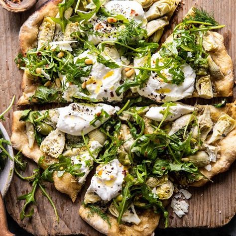 Artichoke Pesto and Burrata Pizza with Lemony Arugula. - Half Baked Harvest Pesto And Burrata, Pesto Burrata, Artichoke Pesto, Burrata Pizza, Artichoke Pizza, Pesto Potatoes, Pesto Pizza, Homemade Pizza Dough, Half Baked Harvest