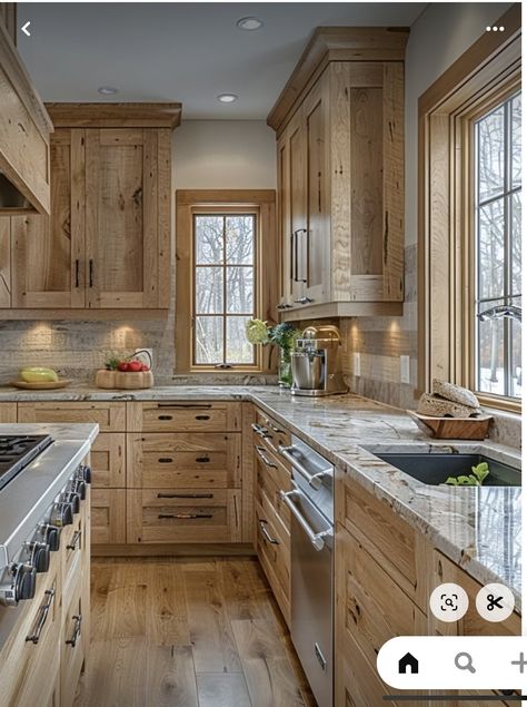 Whitewash Wood Kitchen Cabinets, Hickory Wood Kitchen Cabinets, Walkout Kitchen, Kitchen Hickory Cabinets, Kitchen With Hickory Cabinets, Cabin Cabinets, Beige Rooms, Cabin Kitchen Cabinets, Lakehouse Renovation