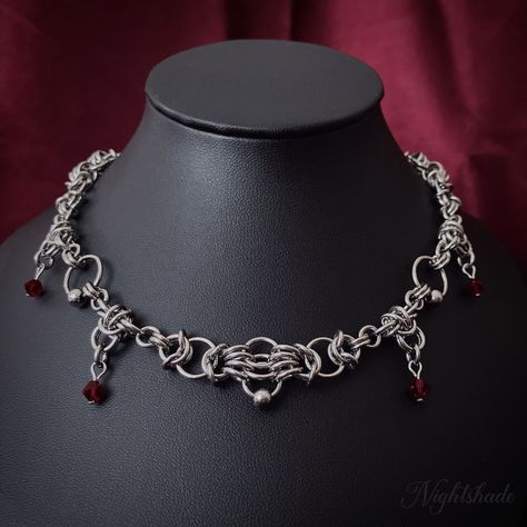 "*.~ Handmade stainless steel chainmail necklace with red preciosa crystal glass beads. *.~ 14.5\" necklace with a 2\" extension *.~ DO NOT buy without checking measurements first, no refunds. *.~ Shipping will be sent tracked and signed internationally, and 1st class signed UK." Chain Mail Jewelry, Chainmail Diy, Chainmail Clothing, Chain Maille Patterns, Chain Maille Necklace, Chainmail Patterns, Chainmaille Necklace, Handmade Choker Necklace, Jump Ring Jewelry