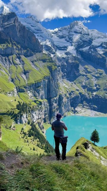 Muhammad Arsalan Sabir on Instagram: "This has to be one of the most epic hikes that I did in Kandersteg last week. Seeing this person standing at the lookout, I couldn’t stop myself from taking this shot. I spent almost an hour just sitting around this area admiring the scenery. The panorama trail above Lake Oeschinensee is a 3-5 hour hike and is a must-do on clear days. #switzerland🇨🇭 #switzerland #lakeoeschinensee #oeschinensee #panoramatrail #oeschinenlake #greenfields #switzerland_destinations #reels #reelsvideo #reelsinsta #reelsviral #earth #beautiful #vacations #peace #videography #inlovewithswitzerland #worldfrommyeyes" Switzerland Destinations, Earth Beautiful, Switzerland Itinerary, Visit Switzerland, Beautiful Vacations, Switzerland Travel, January 10, Swiss Alps, Europe Destinations