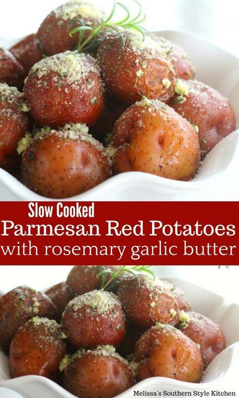 Slow Cooked Parmesan Red Potatoes With Rosemary Garlic Butter Red Potatoes In Crockpot, Parmesan Red Potatoes, Red Skin Potatoes Recipe, Rosemary Garlic Butter, Baked Red Potatoes, Red Potato Recipes, Crock Pot Potatoes, Red Potato, Crock Pots