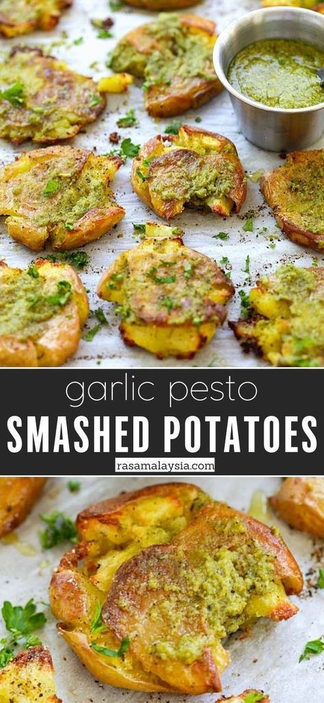 Smashed Baby Potatoes, The Best Potatoes, Best Potatoes, Garlic Pesto, Best Potato Recipes, Pesto Potatoes, Diy Easy Recipes, Smashed Potatoes, Baby Potatoes