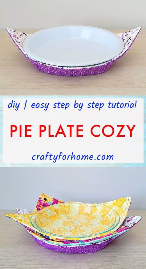 Yellow and purple flower printed fabric with glass and white pie plate. Diy Pie, Plate Cozy, Fat Quarter Sewing Projects, Diy Sewing Gifts, Diy Bowl, Fabric Bowls, Sewing Tutorials Free, Small Sewing Projects, Kitchen Crafts