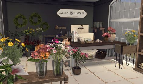 Flower shop | Pinkbox AnYe on Patreon Pinkbox Anye, Valley Flowers, Sims 4 Build, Sims House, Table Flowers, Custom Content, Sims Cc, Creative Process, Flower Shop