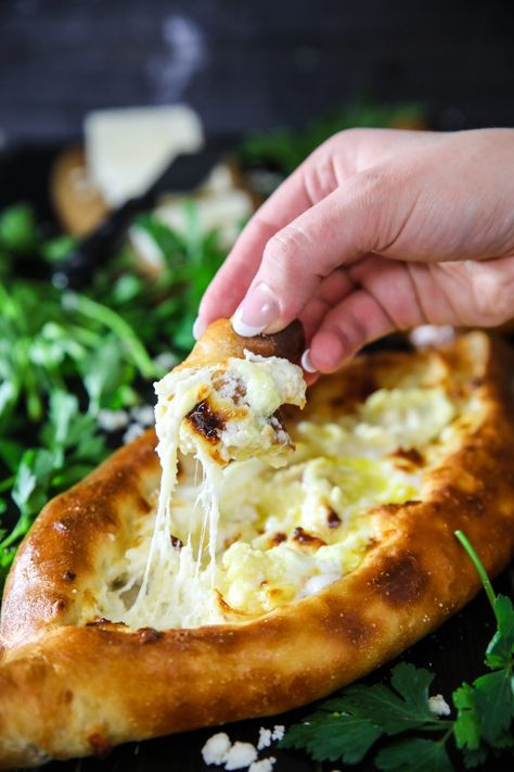 dipping bread into melted cheese from easy georgian khachapuri Khachapuri Recipe, Georgian Food, Armenian Recipes, Cooking Easy, Cooked Food, Tzatziki Sauce, Cheese Bread, Challah, Pizza Bread