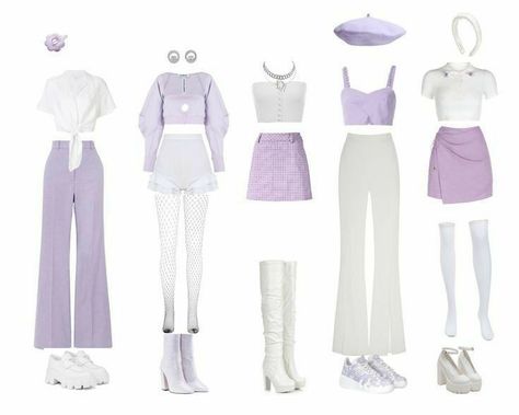 Spring Kpop Outfits, Stage Outfits Kpop Ideas Cute, 3 Member Kpop Outfits, 5 Member Outfits Kpop, Purple Kpop Outfits, 5 Member Stage Outfit, Kpop Stage Outfits Ideas, Korean Outfits Kpop, Kpop Stage